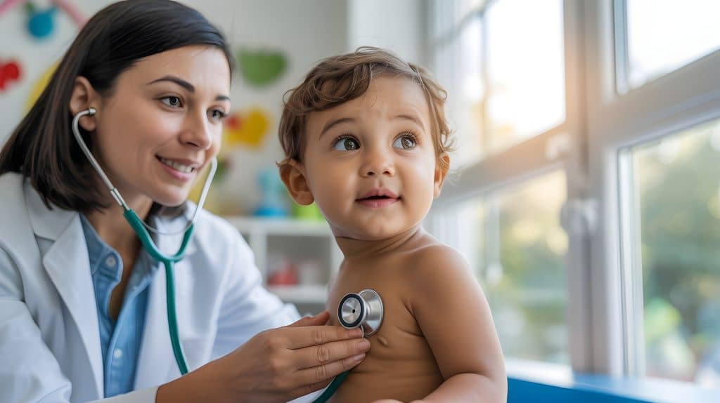 Pediatrician listening to a toddler's chest with a stethoscope during a checkup.