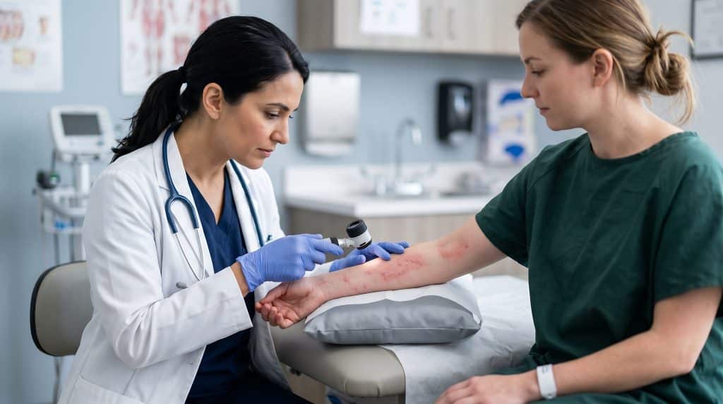 Doctor in a white coat and gloves uses a handheld device on a patient’s forearm during a medical examination in a clinic.