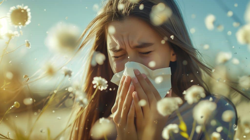 Young woman outdoors sneezing into a tissue among white daisies in a sunny field.