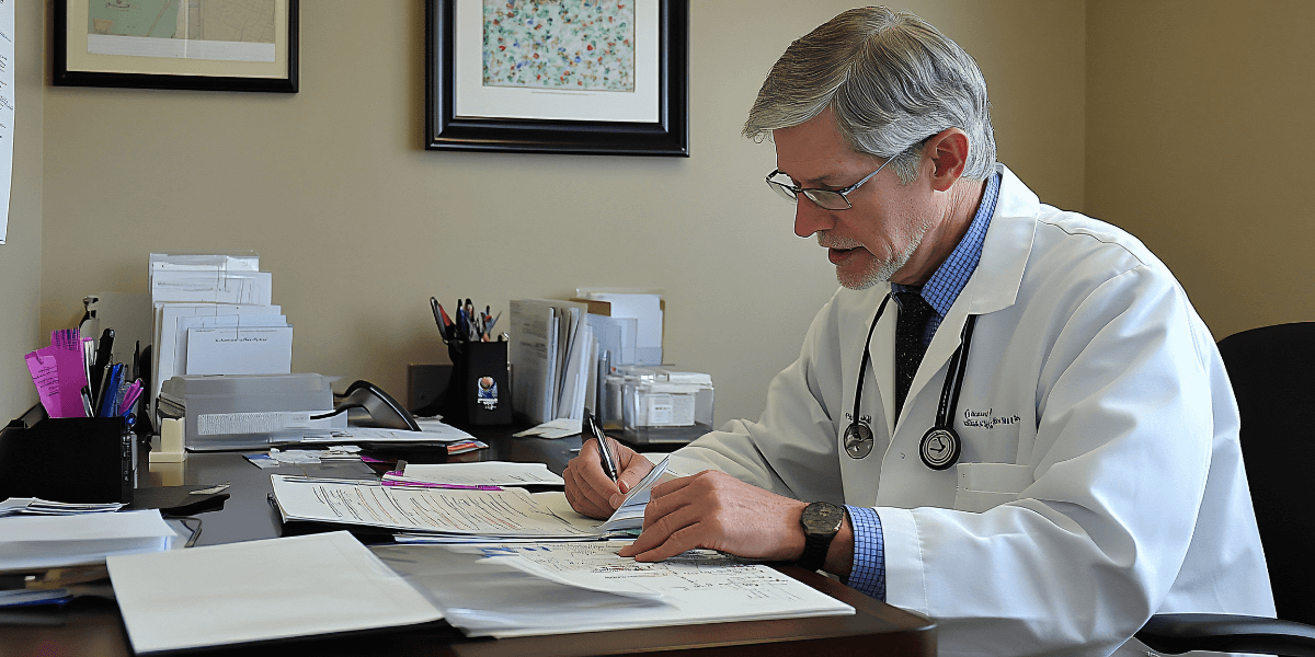 A doctor engaged in note-taking on paper, emphasizing attention to detail in a healthcare environment.